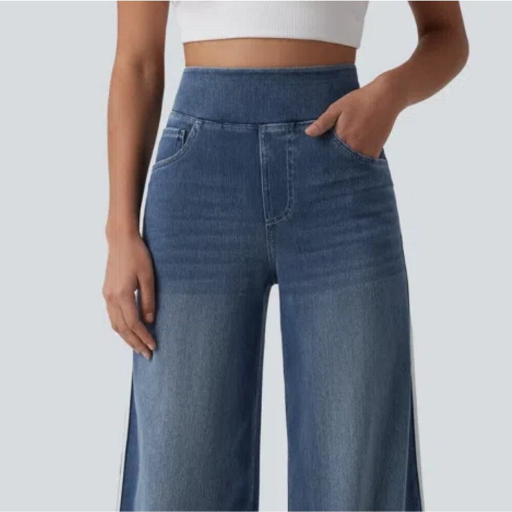 NWT Halara Flex High Waisted Stripe Wide Leg Flowy Washed Casual Jeans Size MR - Picture 5 of 8